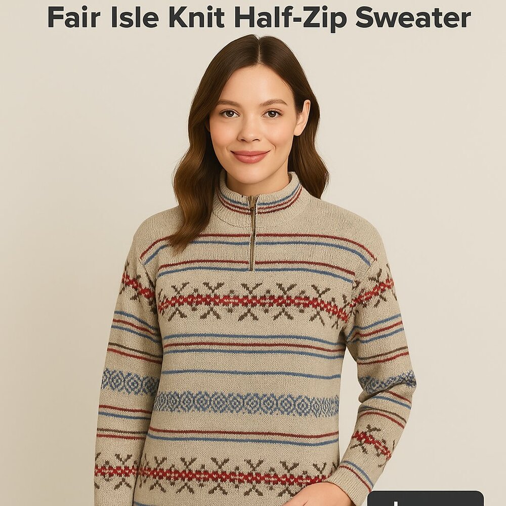 Liz Claiborne Lizwear Women’s Fair Isle Knit Half-Zip Sweater Size S Made in USA